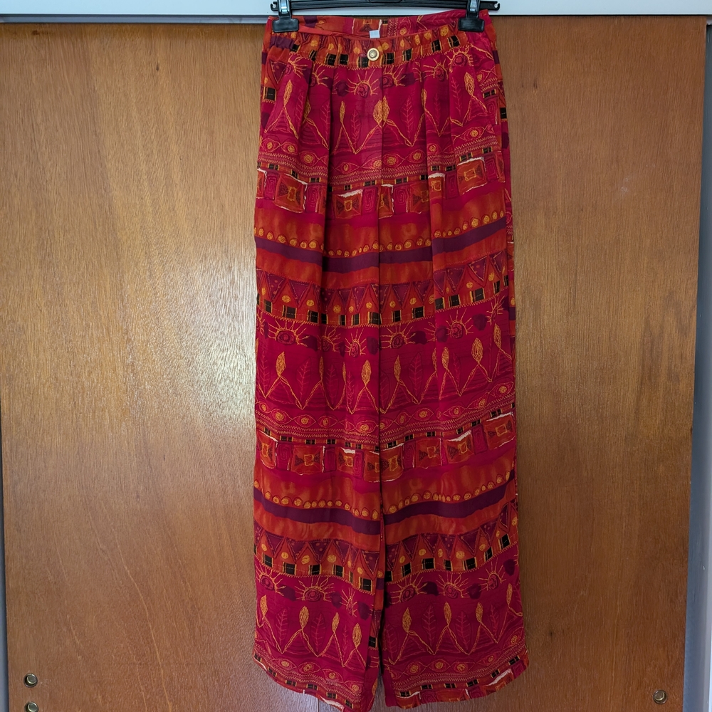 Vintage Bohemian Print Wide Leg Pants - Red and Orange Abstract Size Large - Picture 3 of 10